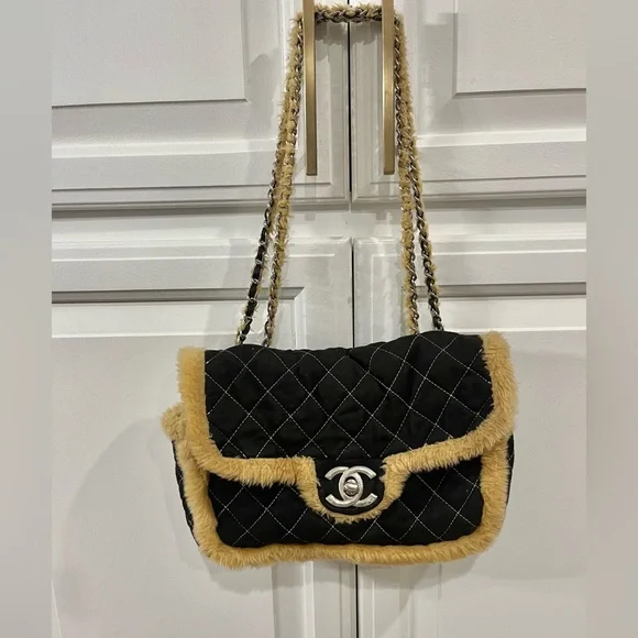 Shearling Quilted Flap Bag Black and Tan - Picture 1 of 4